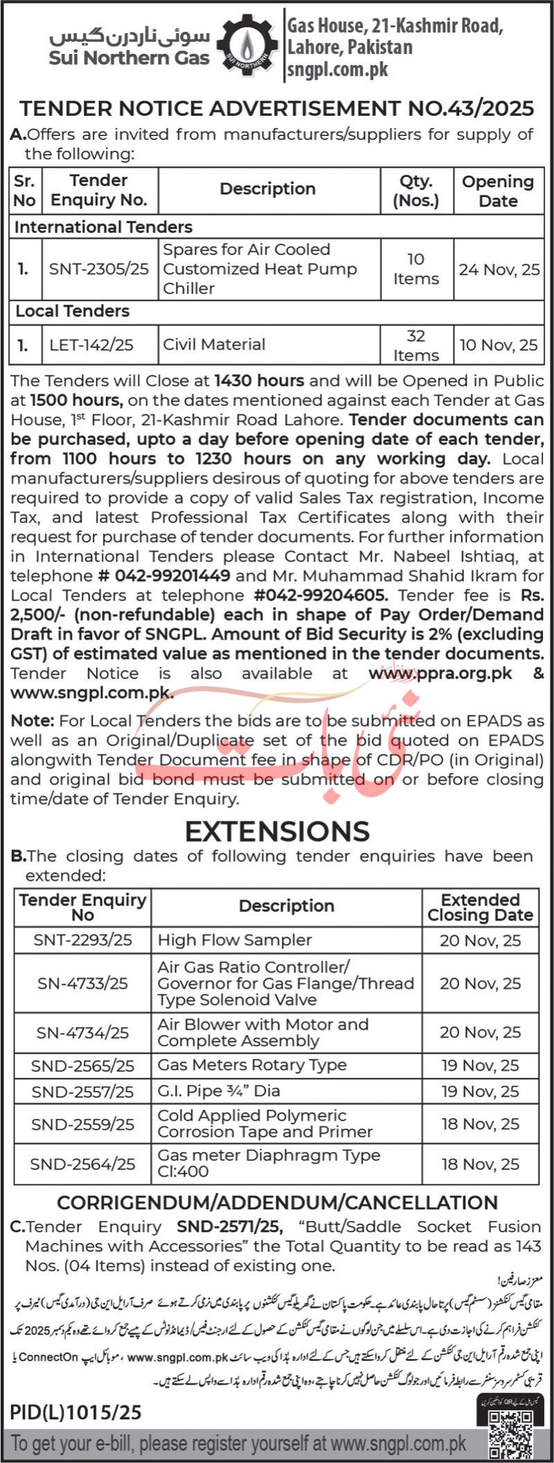 Sui Northern Gas Company Limited Lahore Tender Notice